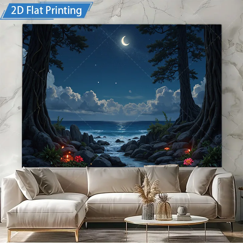 قطعة واحدة من نسيج الحائط "مشهد الشاطئ الليلي المسحور مع نسيج حائط على شكل هلال ونجوم"