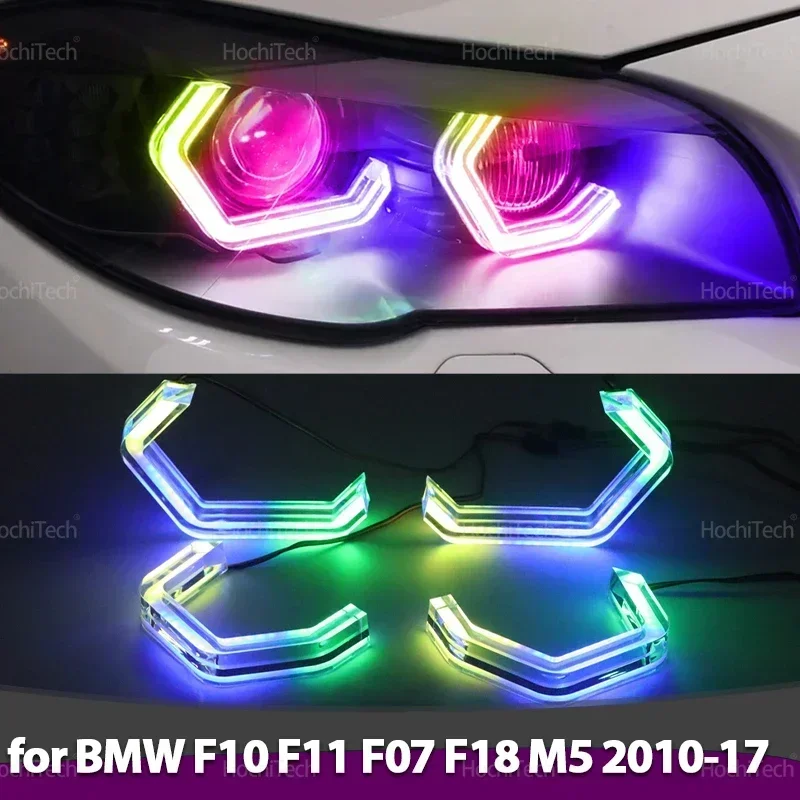 For BMW 5 Series F10 F11 F07 F18 2010-17 Flowing Multi-colored App Control M4 Style LED Angel Eyes Bulb Ring with Turn Signal