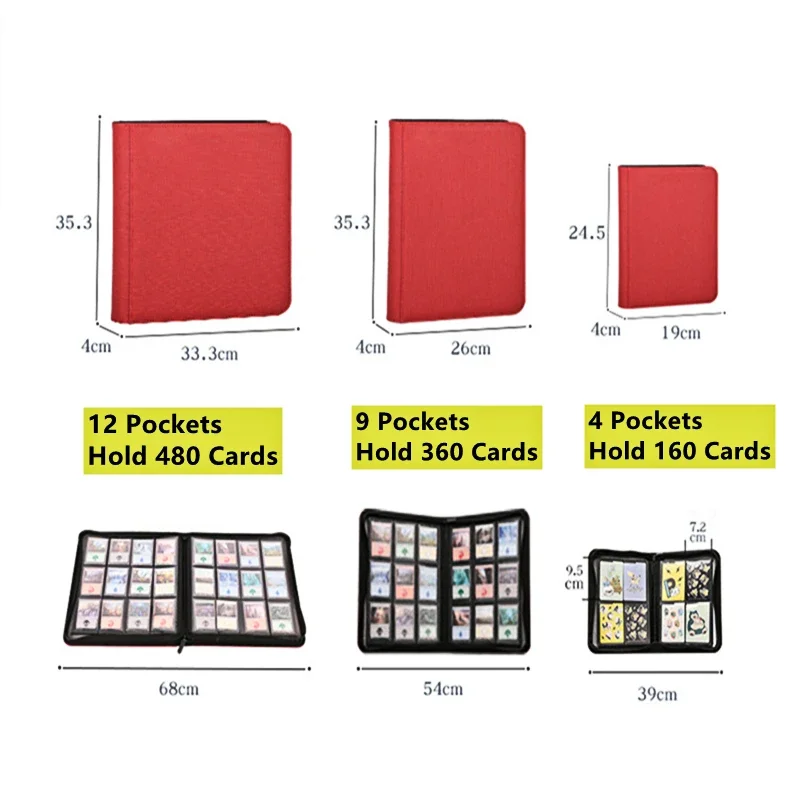 PU Leather 4/9 Pockets Game Card Book Card Side Loading Binder TCG Game Zipper Card Album Fixed Pockets Pages for MG/PKM/FOW/YGO