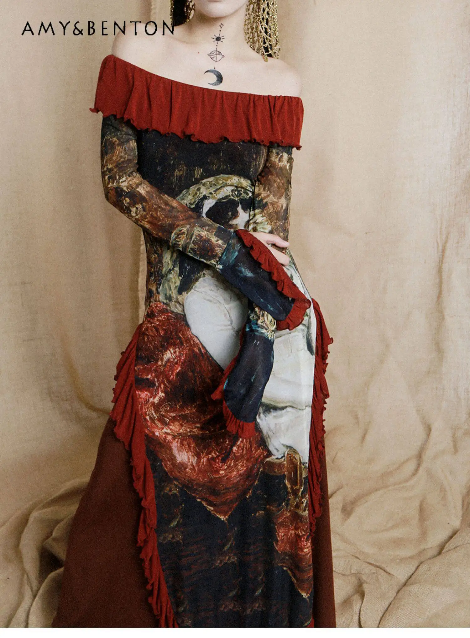 

Spring New Medieval Retro European Oil Painting Style Women's Character Printing Ruffles Large Lapel Long Sleeves Long Dress