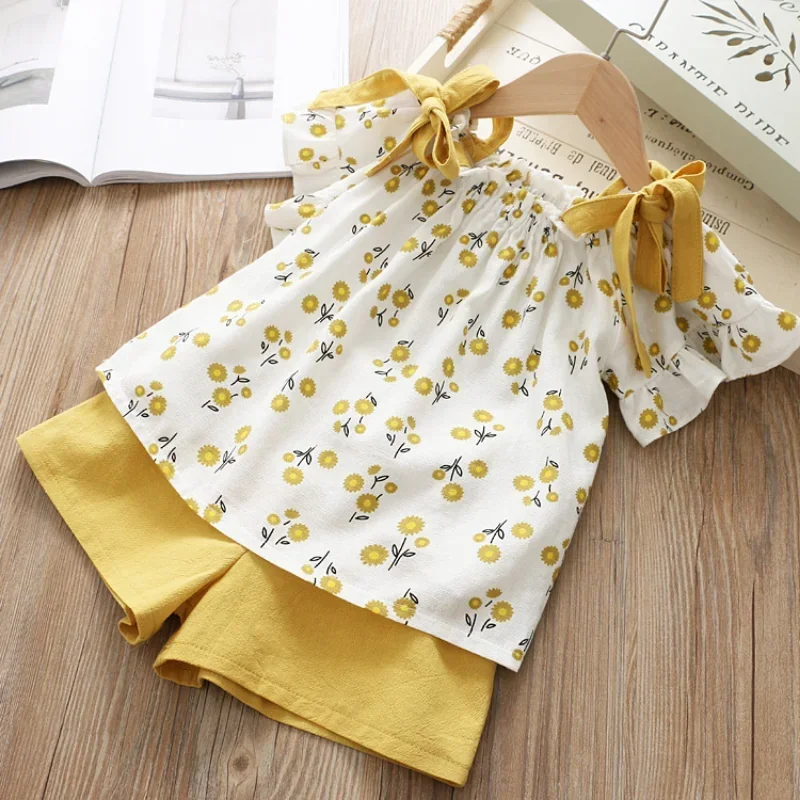 Sweet Baby Girls Clothing Sets Summer Kids Clothing Sleeveless Floral T-shirt Shorts Pants 2Pcs Suit Bow Children Girl Suit