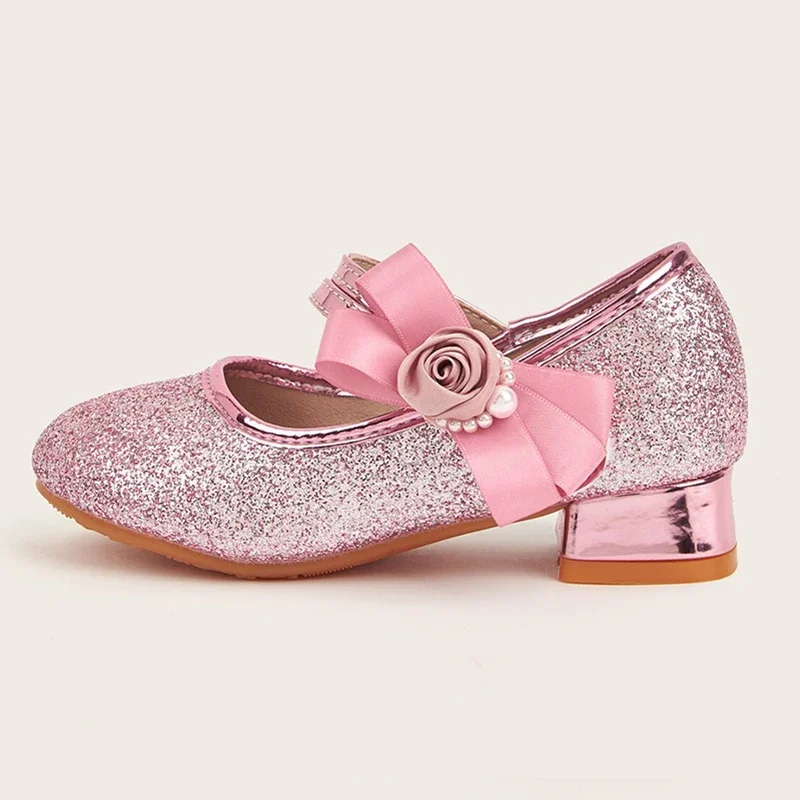 Spring New Girl Leather Shoes Fashion Flower Children's High Heels Performance Shoes Formal Dress Princess Shoes 3-12 Years Old