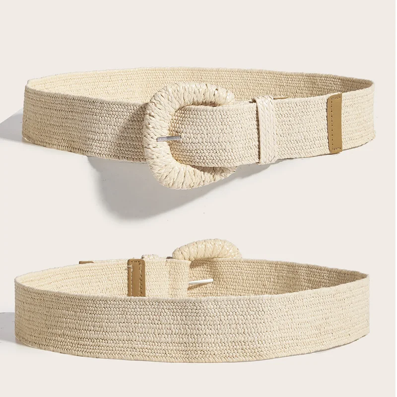 เข็มขัดเอวถักสไตล์วินเทจโบโฮสำหรับผู้หญิง ทำจากเส้นใย PP รัดเอวแบบกว้างยาว พร้อมหัวเข็มขัดทรงกลมหรือสี่เหลี่ยม สำหรับตกแต่งชุดเดรส