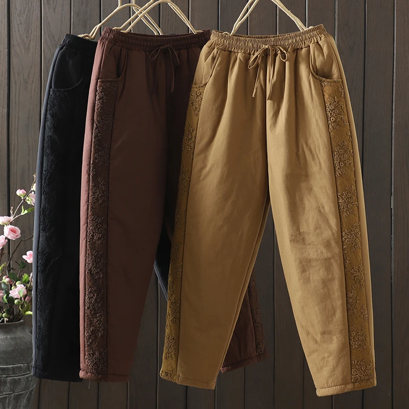 Thiened مزيج القطن هارلان Sle المطرزة صافي المرقعة فضفاضة تناسب المرأة سراويل شتوية منتصف الخصر تسع نقاط بنطلون طويل