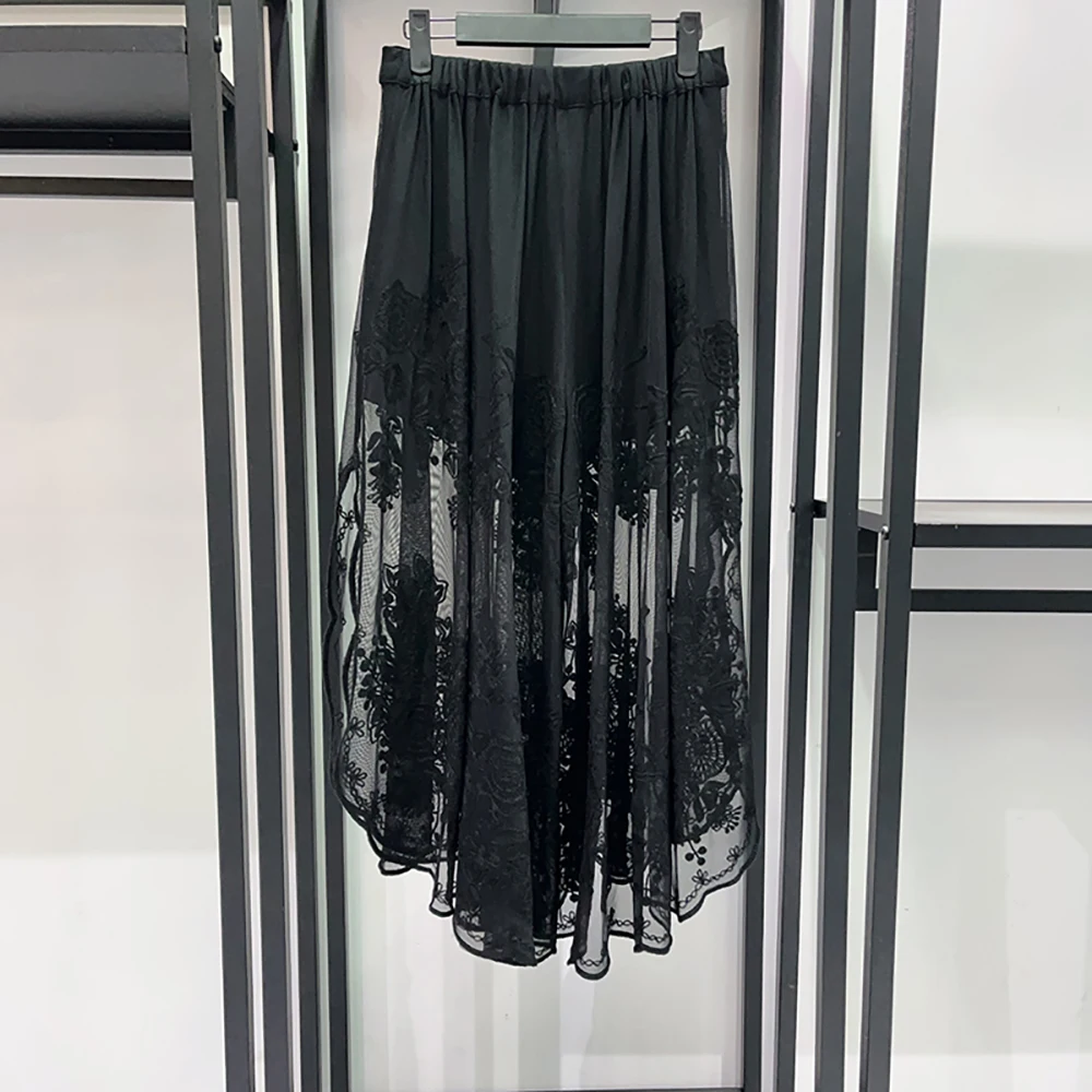Vintage Floral Lace Mesh Skirt Women High Waist Sheer Mesh Flowy Asymmetric Hem Casual Party Maxi Skirt New Y2K for Summer 2026