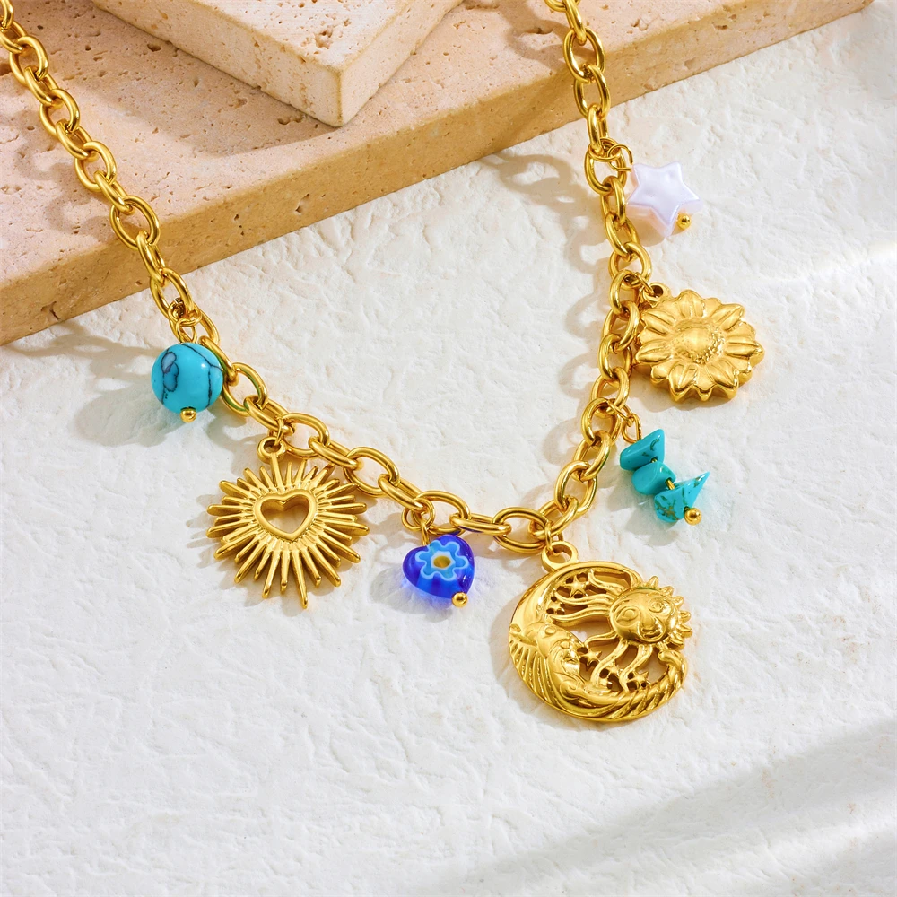 DIEYURO 316L Stainless Steel Flower Calaite Heart Sun Multiple Pendant Necklace For Women New Fashion Neck Chain Jewelry Gift