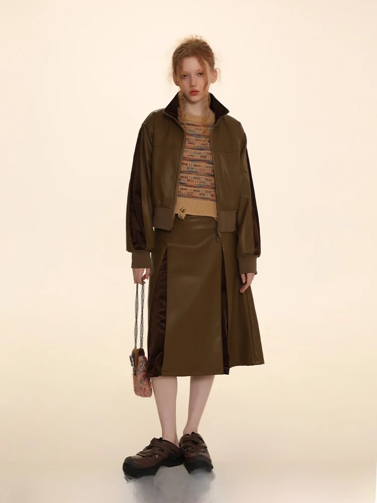 

DNT Гонконг Sle Ретро Двойной Цвет Лоскутная Кожаная Юбка Комплект Воротник Длинная Свеча Застежка-молния Обычный Крой