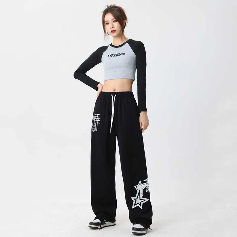 Hip hop streetwear jogging oversize sweatpants feminino novo cordão elástico da cintura estrelas perna larga baggy calças esportivas casuais