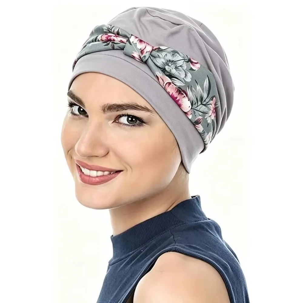 Soft Elastic Pre-Tied Turban Hat Floral Print Solid Base Head Wrap Beanie Stretchy Fabric Pre-Tied Bow Hair Loss Head Cover