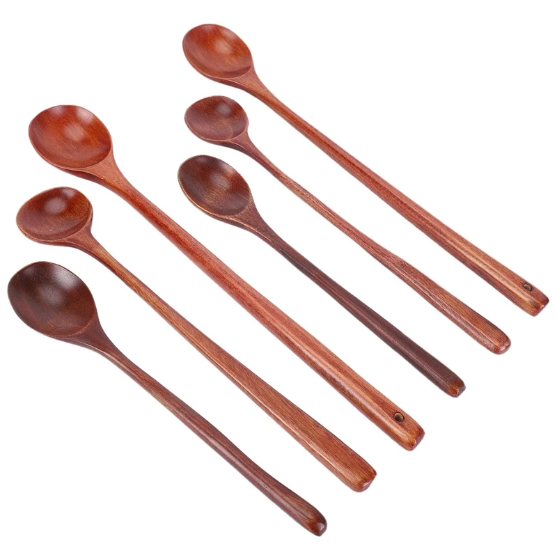 Cucharas de madera con mango largo para cocina, cucharas para servir sopa, para degustación, para comer, mezclar y agitar, 6 unidades