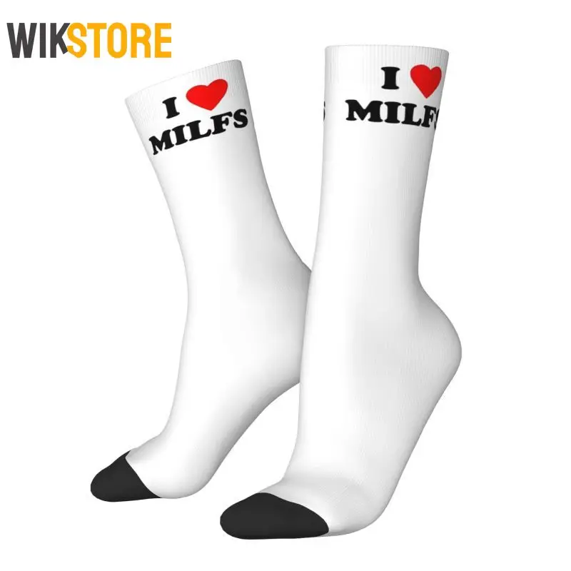 

I Love Milfs Socks for Men Women Male Stretchy Summer Autumn Winter I Heart Milfs Hip Hop Happy Crew Socks Non-Slip Sport Socks