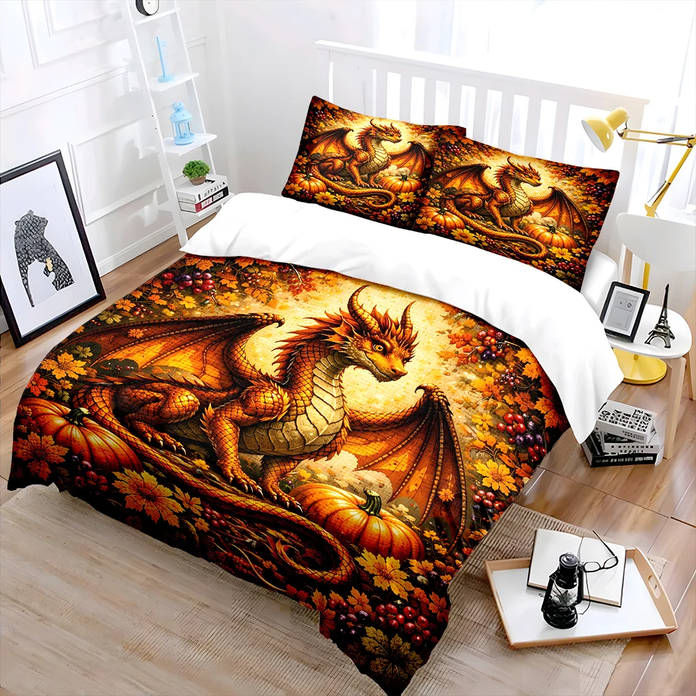 

Autumn dragon amidst pumpkins Bedding Set for Kids Luxury Gift 3pcs Digital Print Comforter Set Soft Comfortable Breathable