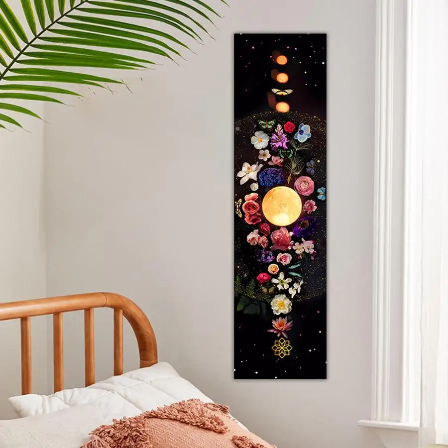 1PC Moon Phase Starry Sky Tapestry Wall Hanging Black Moon Flower Star Vintage Throw Blanket Home Decor Bohemian Dormitory Home