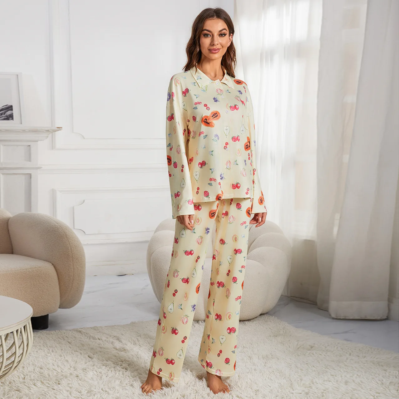 Women\'s New Yellow Pajama Set Autumn New 2024 Casual Long Sleeve Button Shirt Pocket Flower Fruit Printed Wide Leg Pants Pajama