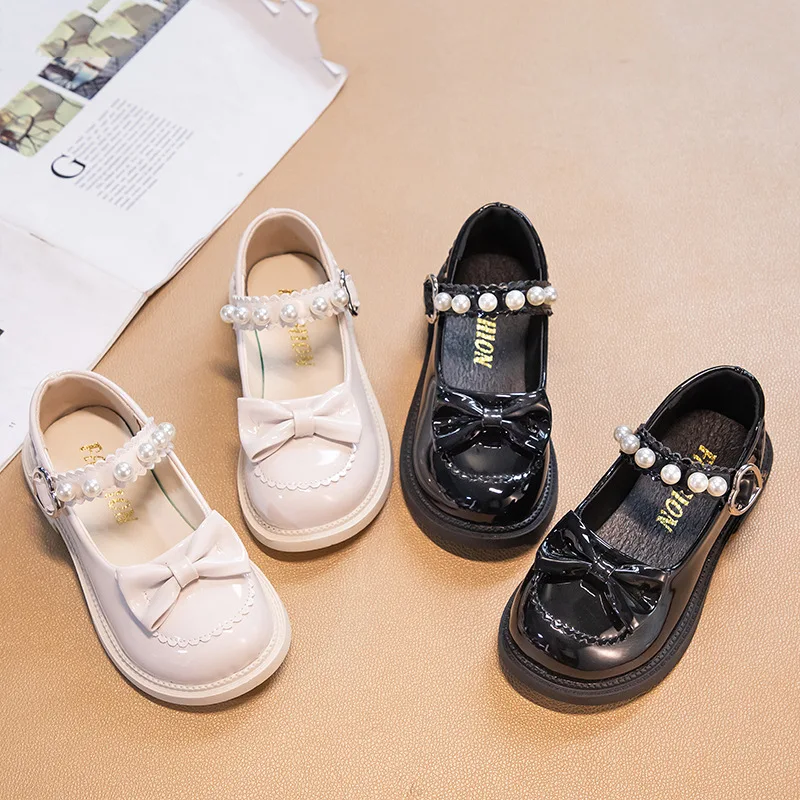 27-37 Girls Leather Shoes Spring Autumn Fashion Bow Tie Princess Shoes Flat Kids School Girls Dancing Dress Mary Jane Shoe Black