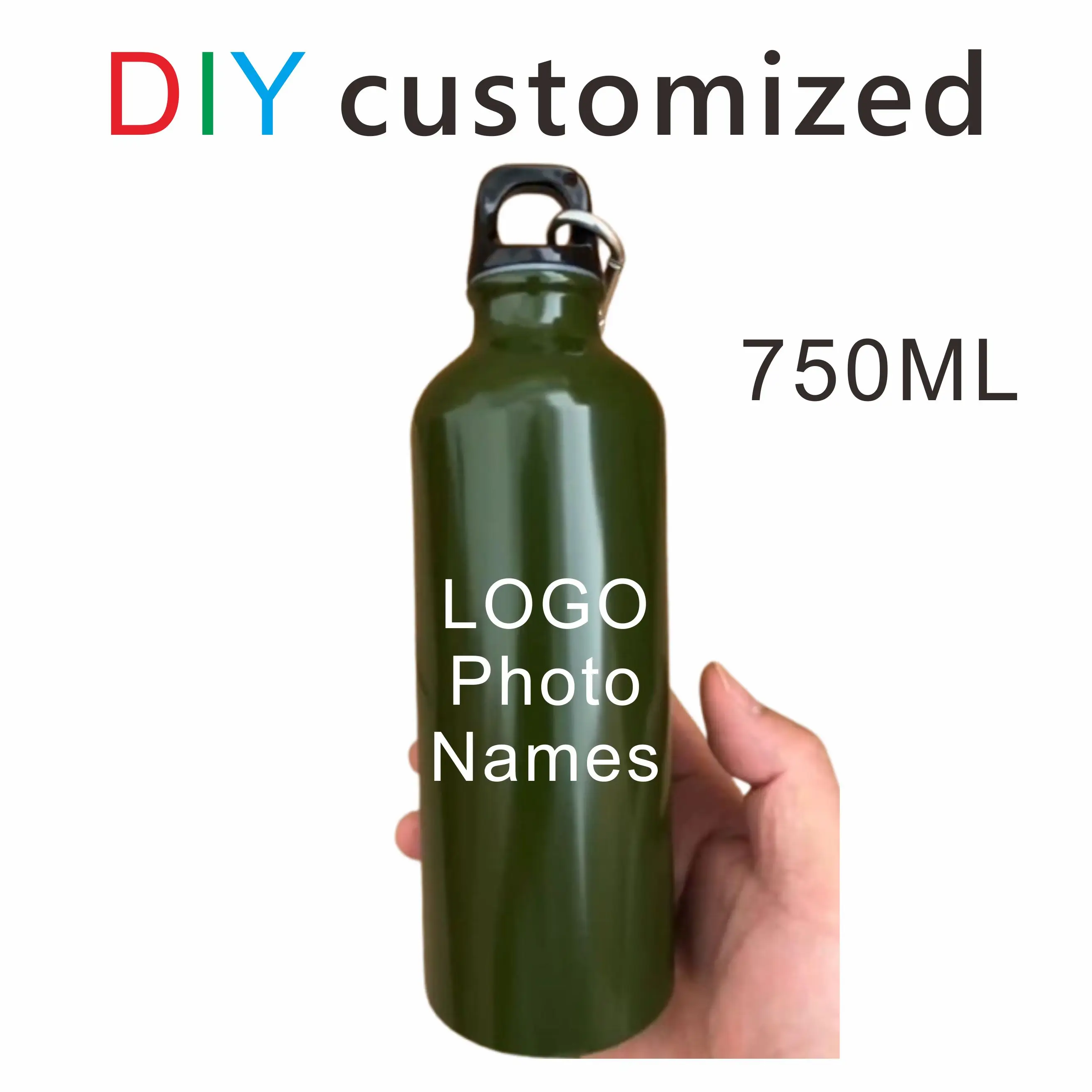 

750ML Sport Bottle Customize Your LOGO Pattern Text Aluminium Food Safe Outdoor Carabiner Container Big Capacity Team Gift POD