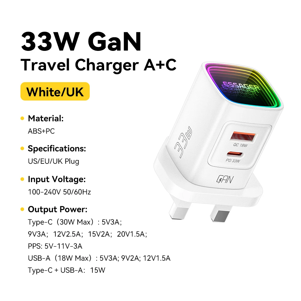 Essager GaN 33W USB Typ-C Ladegerät Tragbares PD-Schnellladegerät für iPhone 17 16 15 14 Pro Max iPad Xiaomi Samsung S25 RGB-Ladegerät