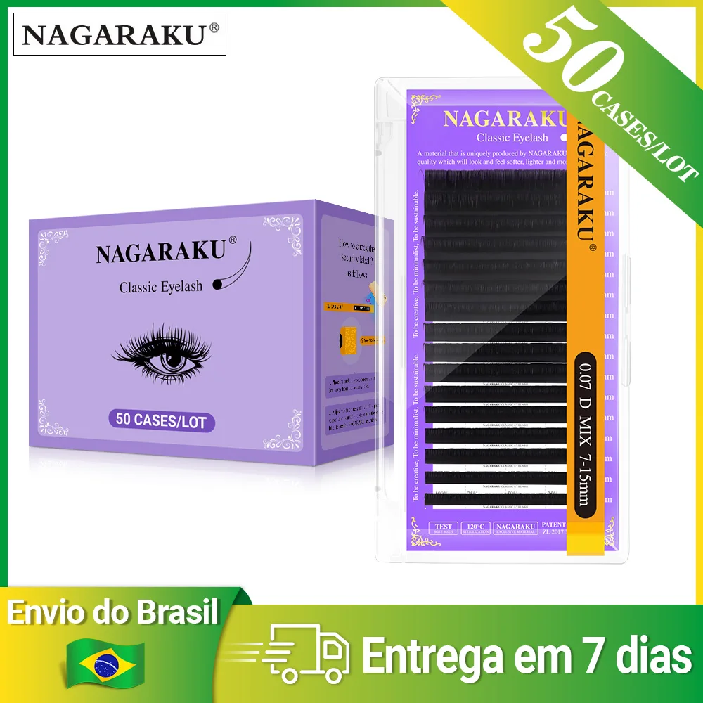 NAGARAKU Envio do Brasil 50 casos 16 fileiras Clássico Individual Extensão de cílios Matte Preto Macio Natural Entrega rápida