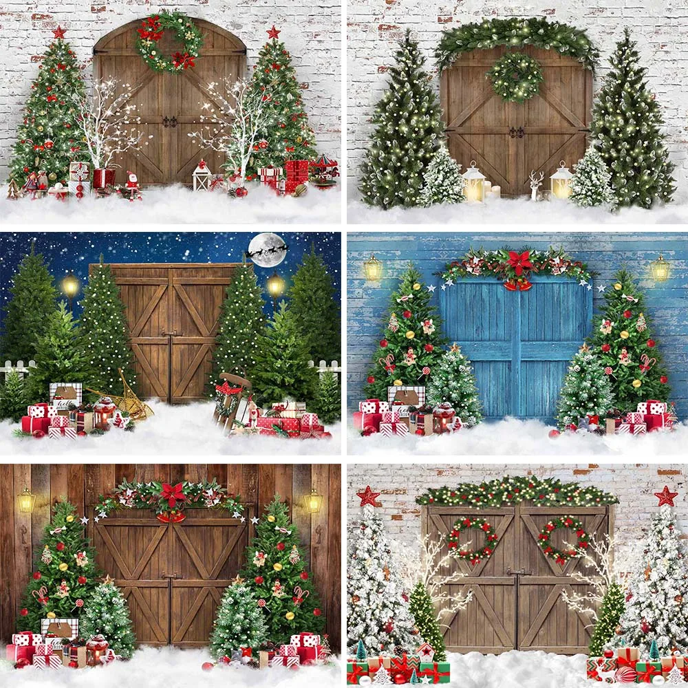 

Mocsicka Wood Door Christmas Photography Backdrops Snow Winter Xmas Tree Outdoor Child Portrait Photo Background Photocall Props