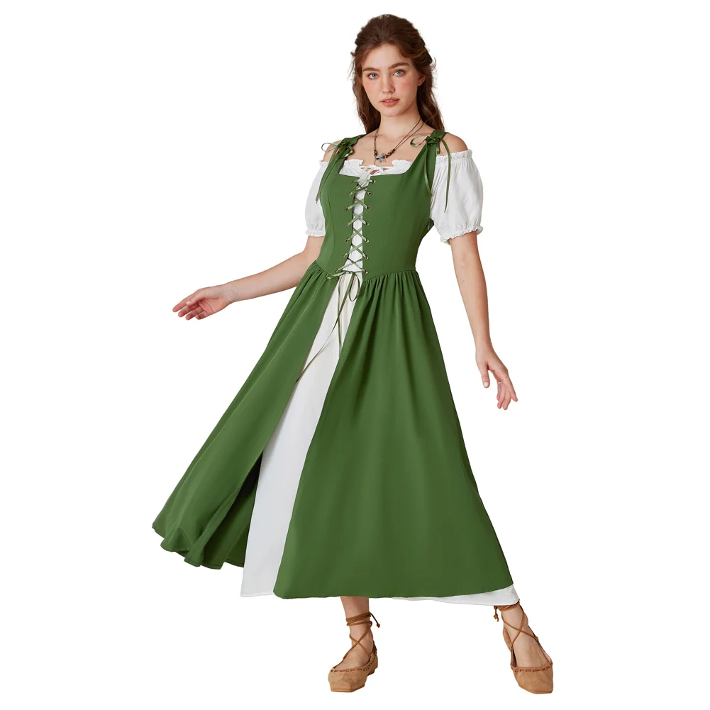 SD Women Dresses Vintage Oktoberfest Renaissance Spliced 2pcs Set Dress Elegant Square Neck Vest Dress+Off Shoulder Dress