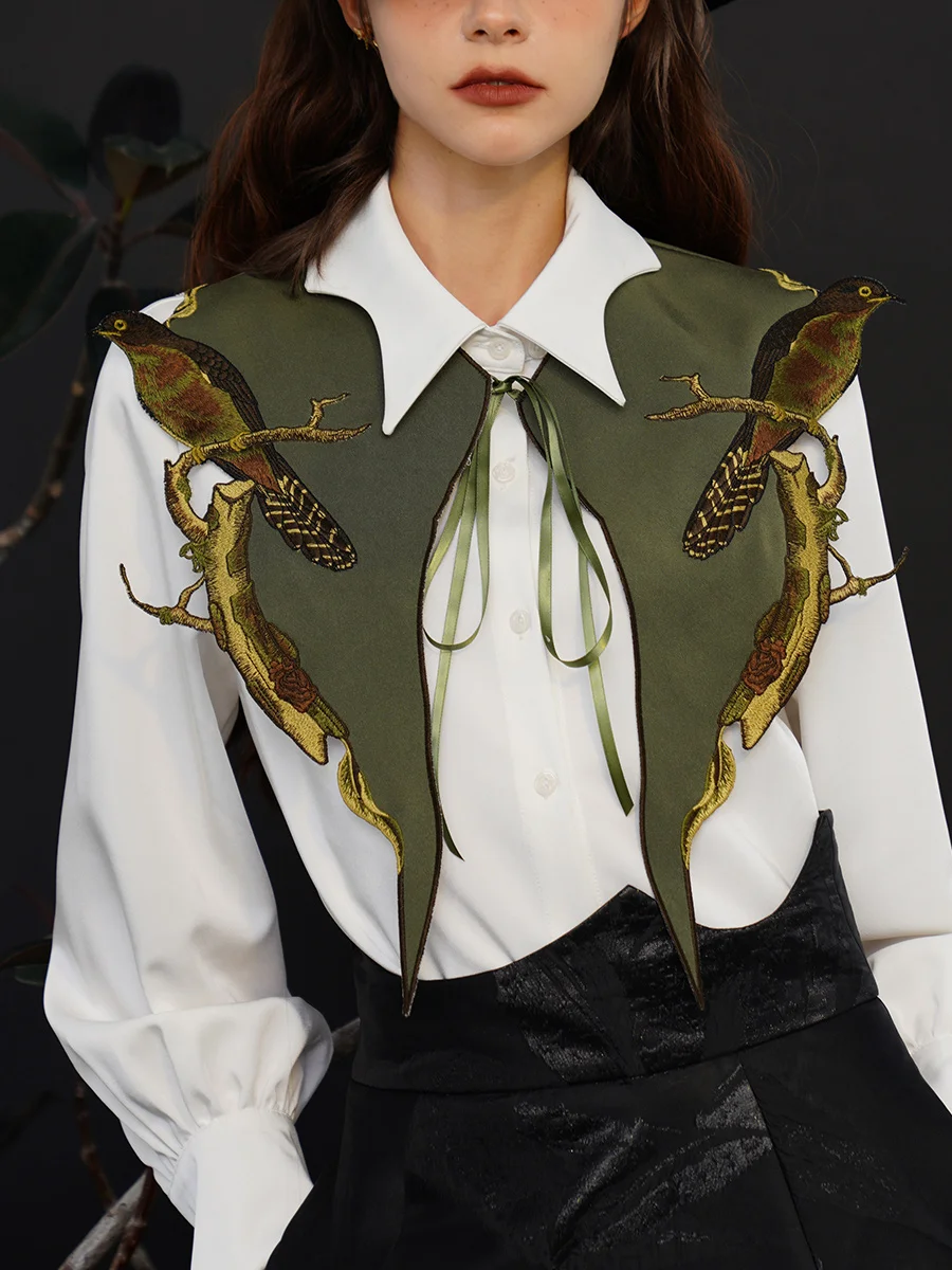 Original Design False Collar Women Vintage Style Chic Birds on Branch Embroidered Olive Green Fashion Novelty Detachable Collars