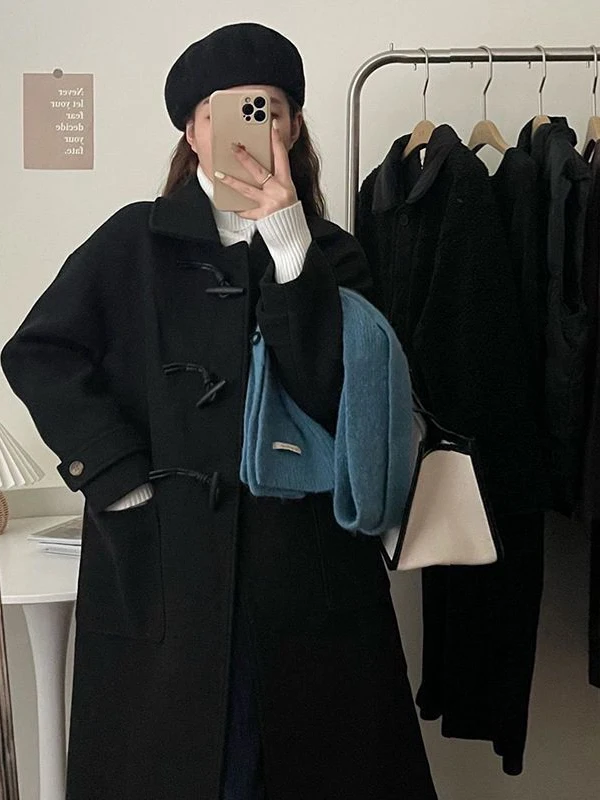 Japanese Style Woolen Coat Women's Autumn Winter Design Unique Small Size Loose Medium Length Tweed Outerwear with Horn Buttons