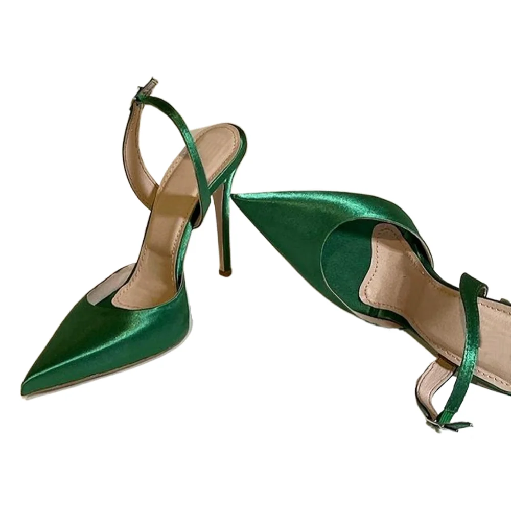 ALMUDENA scarpe da banchetto Slingback in tessuto di raso verde rosso argento Bling Bling scarpe da sposa con paillettes cinturino con fibbia pompe poco profonde