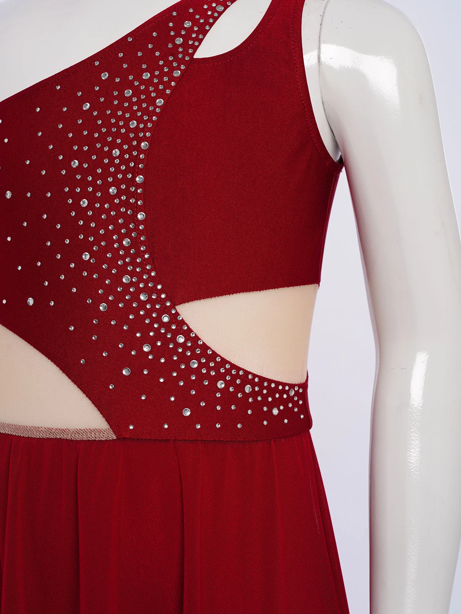 6-16Y فتاة الحديثة فستان رقص غنائي كتف واحد لامعة شبكة مرصعة بأحجار الراين يوتار Dancewear التزلج الجمباز البهلوانية الملابس