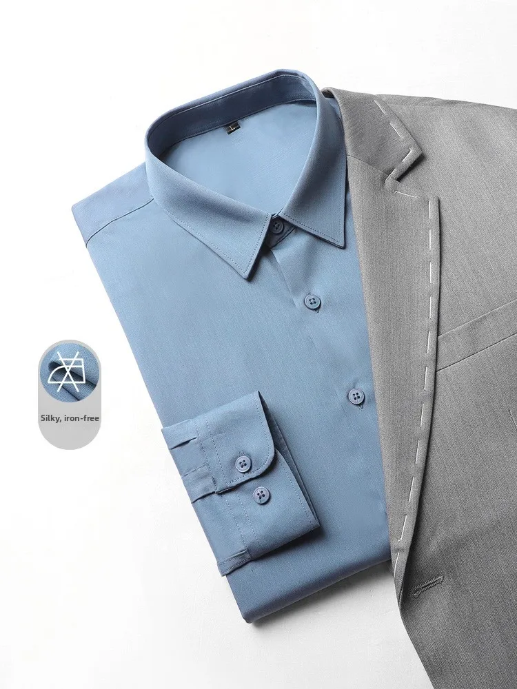 

Повседневная рубашка из шелковистой ткани с длинным рукавом, мужская, приталенного кроя, для делового повседневного стиля, весна 2023, не требует глажки, стильный дизайн