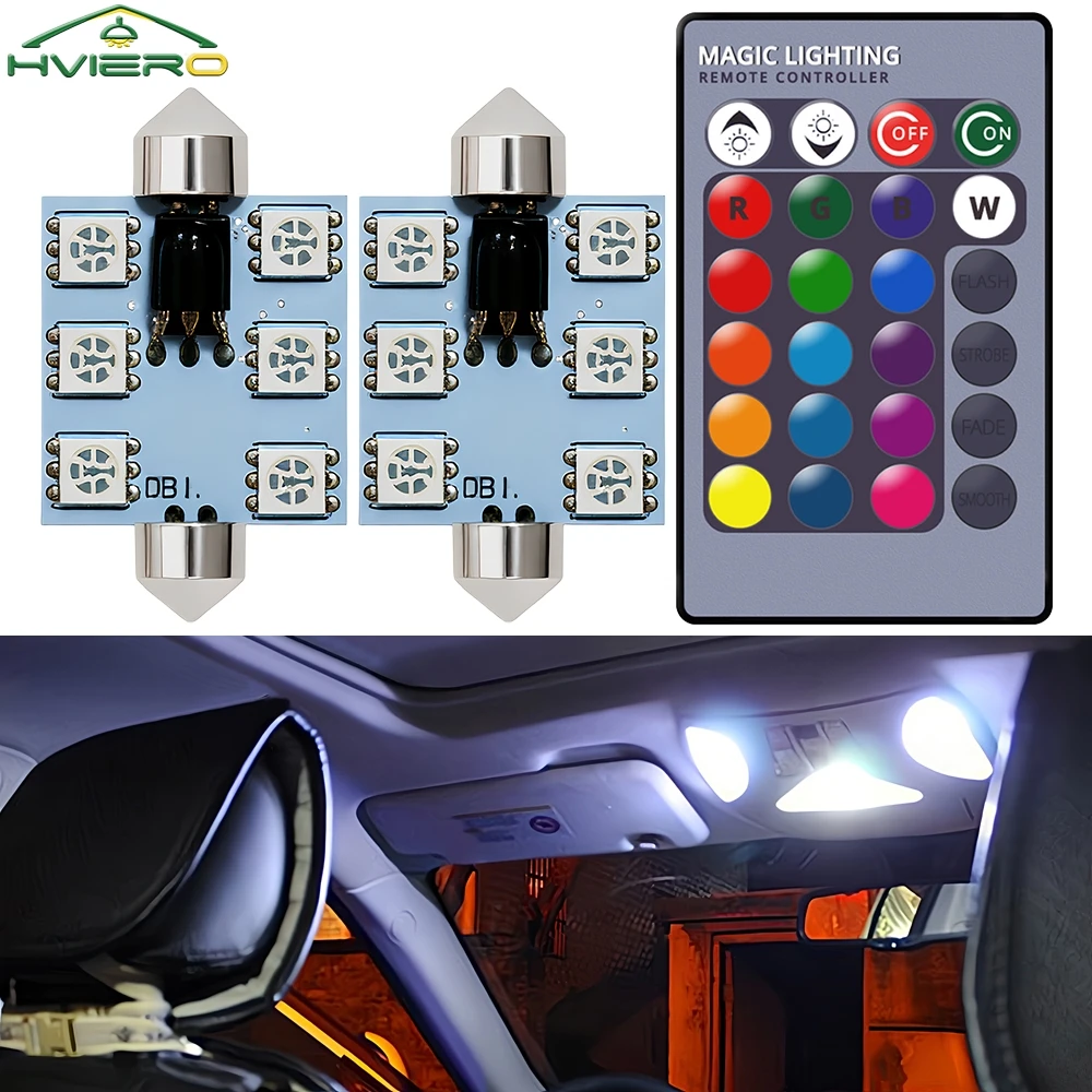 2X RGB 6SMD Roof Dome Festoon Reading Lamps C5w Car Auto Remote Controlled Atmosphere Led Welcome Light Turn Signal Trunk Bulb