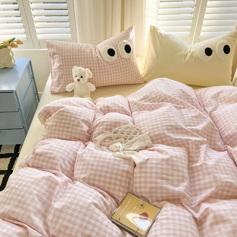 INS Lattice Duvet Cover Set with Sheet Pillowcase No Filling Warm Bed Linen Twin Full Queen Size Grid Home Cute Pink Bedding Set