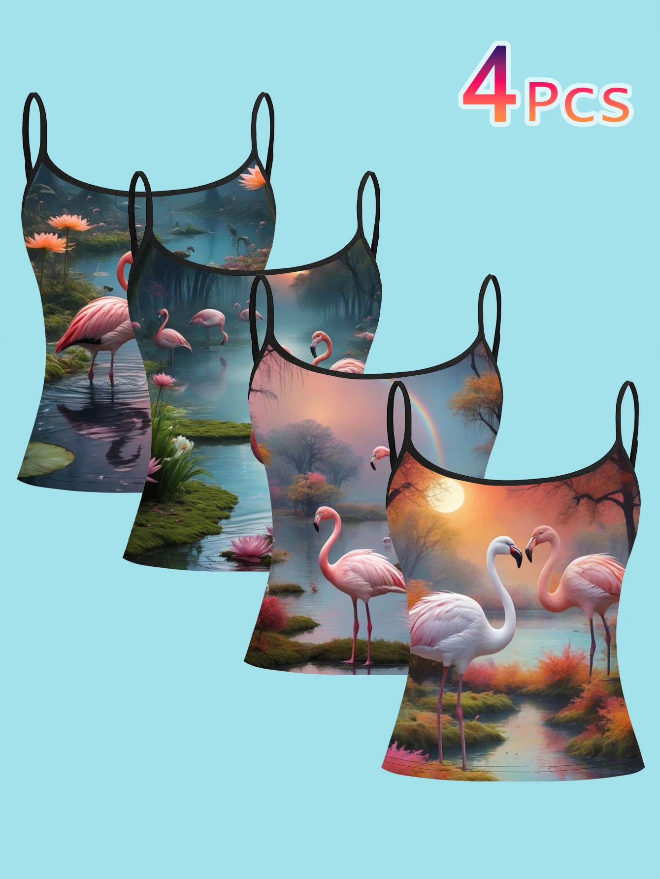 4-Piece Set of Oil Painting Style Flamingo Camisole Set, Lotus Lake View Women's Spaghetti Strap Inner Layering Shirt