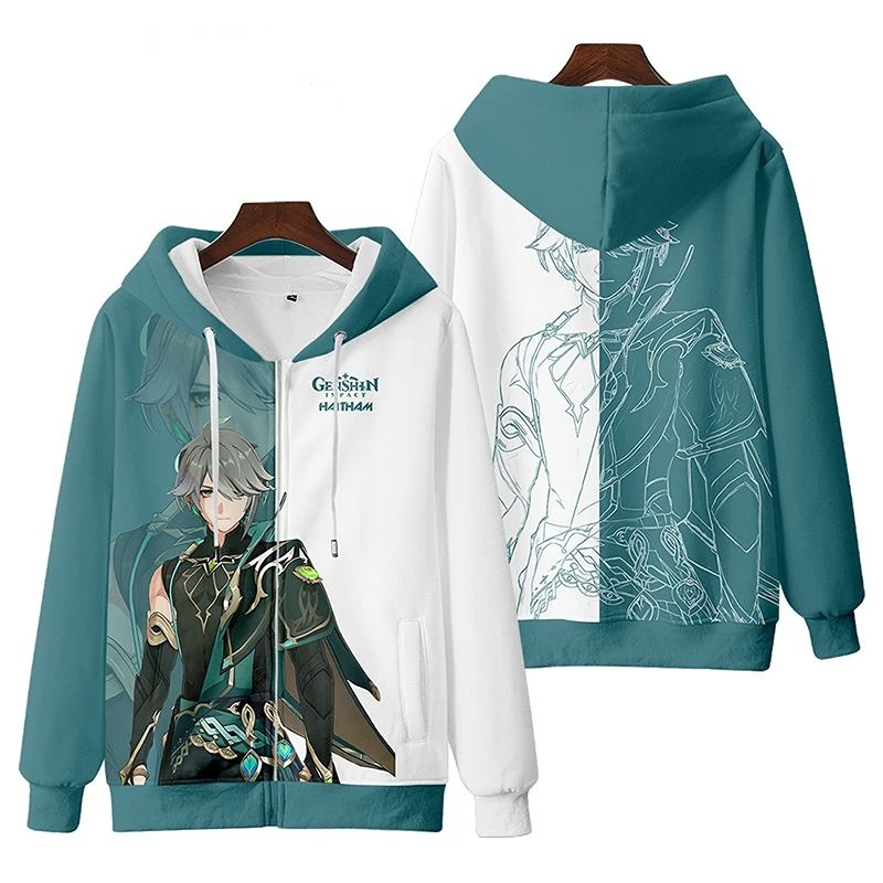 Genshin Impact Cosplay Jaqueta com capuz para homens e mulheres, 3D Print Zip Up Hoodie Y2K moletom Hip Hop Streetwear Alhaitha