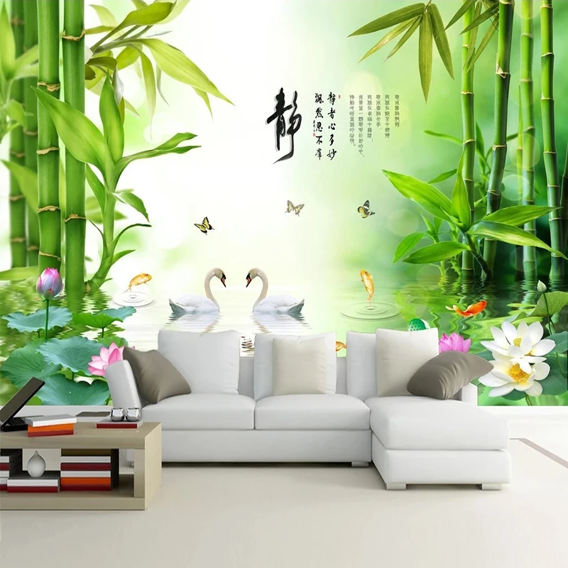 Custom Green Bamboo Lotus Flower Swan 3D Photo Mural Wallpaper For Kitchen Bedroom Study Living Room Landscape Art Wall Painting