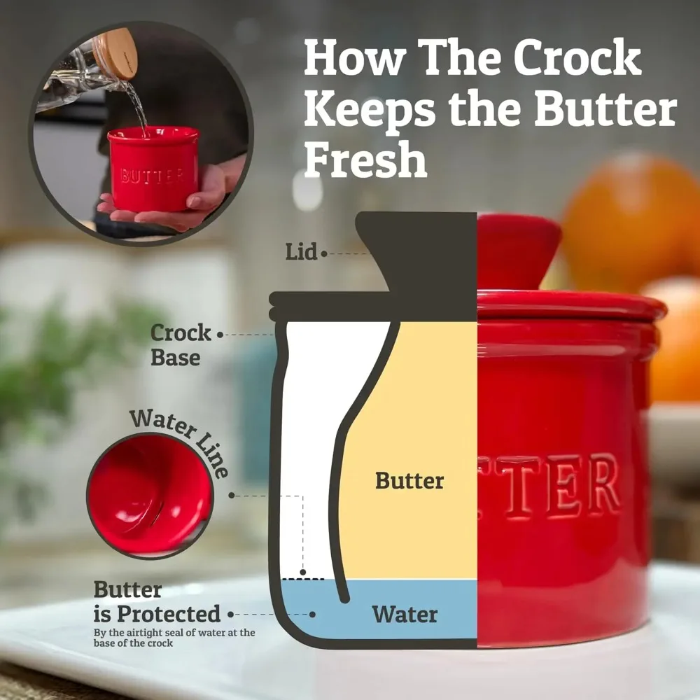 PriorityChef Butter Crock مع غطاء مع خط ماء، طبق زبدة فرنسي من السيراميك للترك على العداد، أحمر
