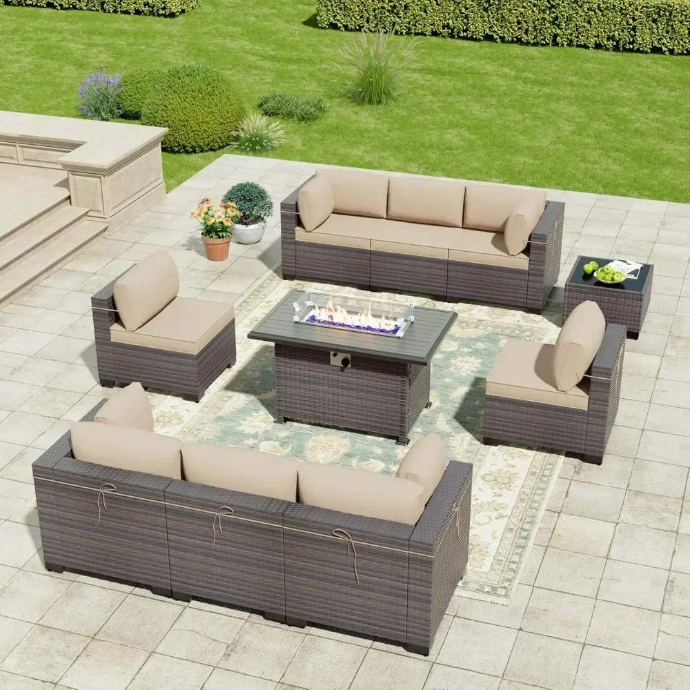 

10 Pieces Outdoor Furniture Set with 55000BTU Gas Propane Fire Pit Table,PE Wicker Rattan Sectional Sofa Patio Conversation Sets