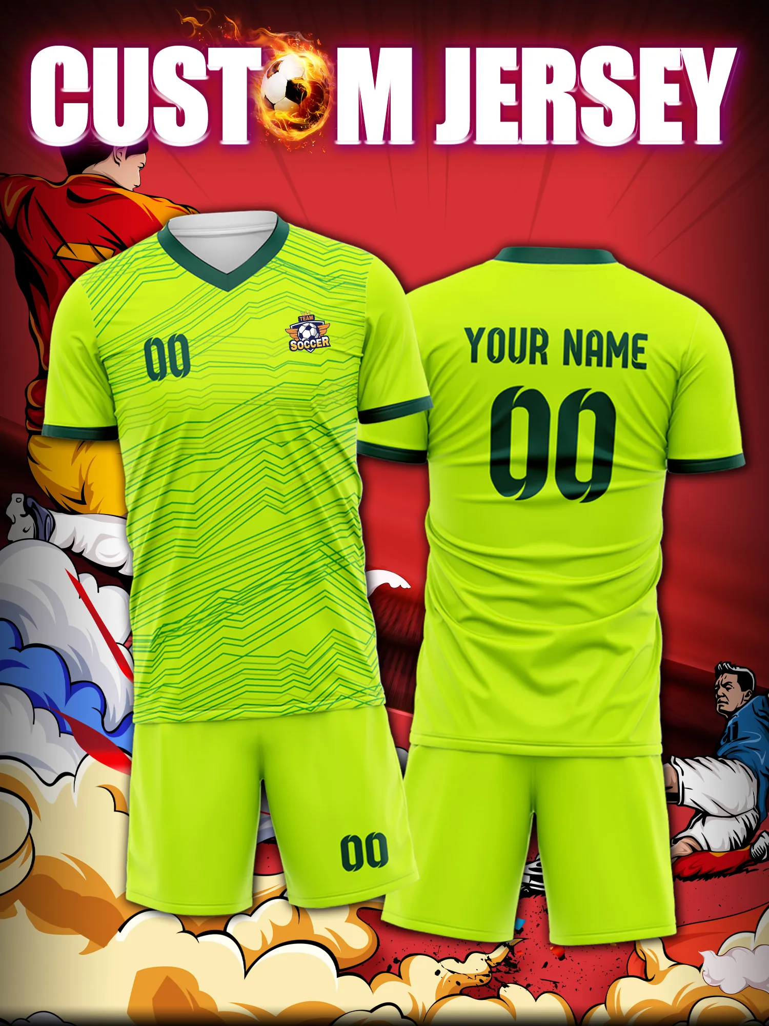 

Футбольная форма на заказ с индивидуальным изображением, номером и именем, быстрая доставка, онлайн-сервис для создания индивидуального дизайна.