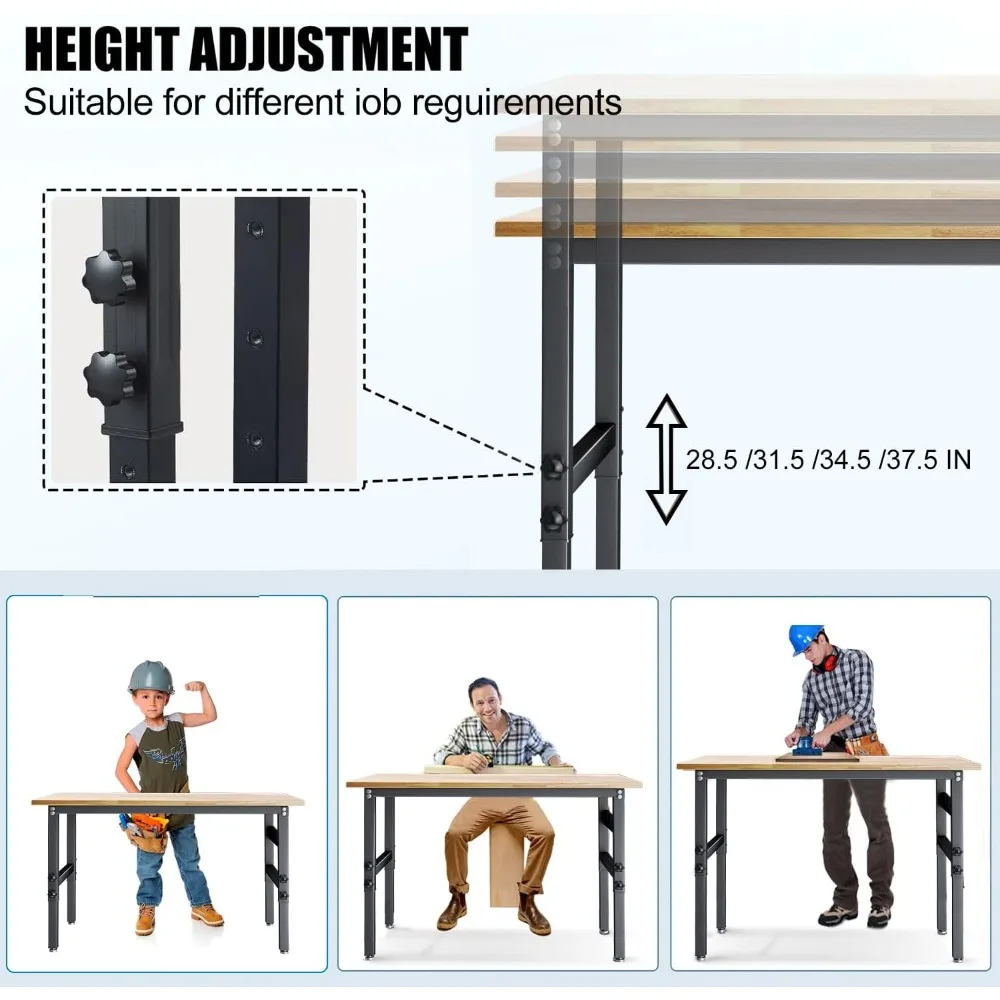 Work Bench, Adjustable Workbench with Power Outlets, Heavy Duty Work Table for Garage, Workshop, Office