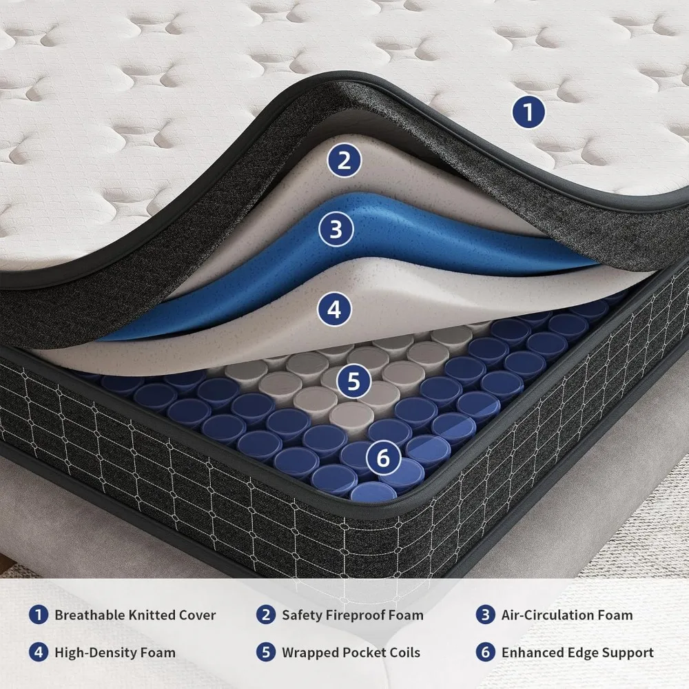 Mattress,12 Inch Mattresses in a Box, Individually Wrapped Pocket Coils for Isolate Motion,Pressure Relief,CertiPUR-US Certified image 2
