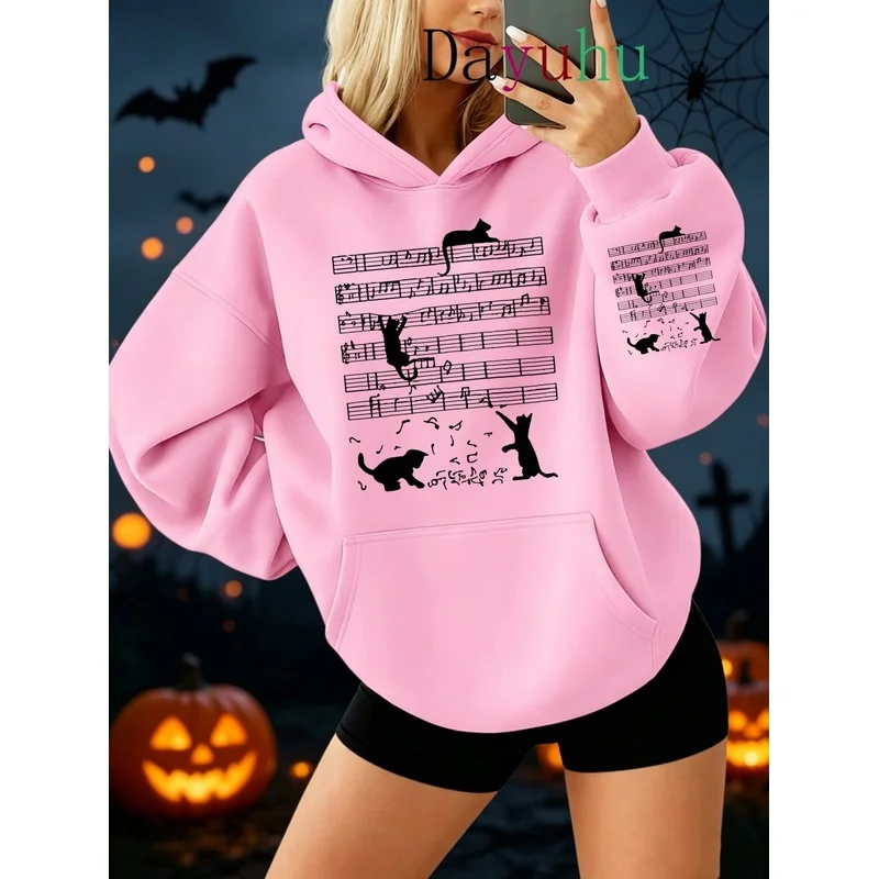Oversized Streetwear Hoodie Halloween Music Notes Black Cat Silhouette Print Autumn Winter Fall Daily Wear Lounge Wear