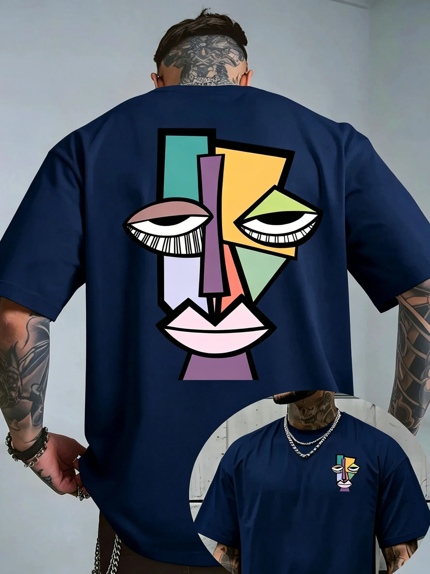 Cubism Abstract Art T-Shirt Men Women Geometric Color Block Face Front Back Oversized Cotton Short Sleeve Streetwear Casual Top