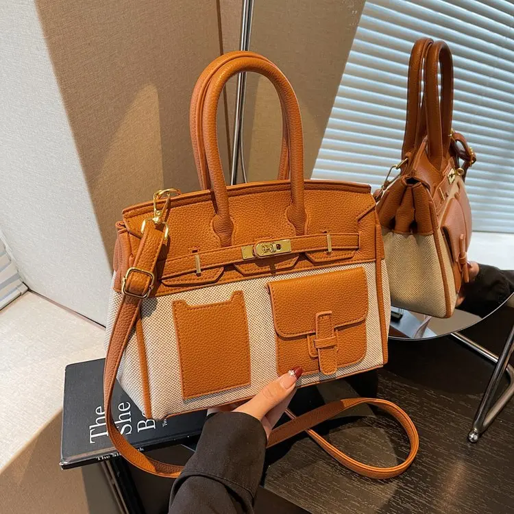 

2026 New Retro Boston Handbag for Women Color Block Pebbled Leather Metal Lock Buckle Versatile -Way Shoulder Crossbody Bag