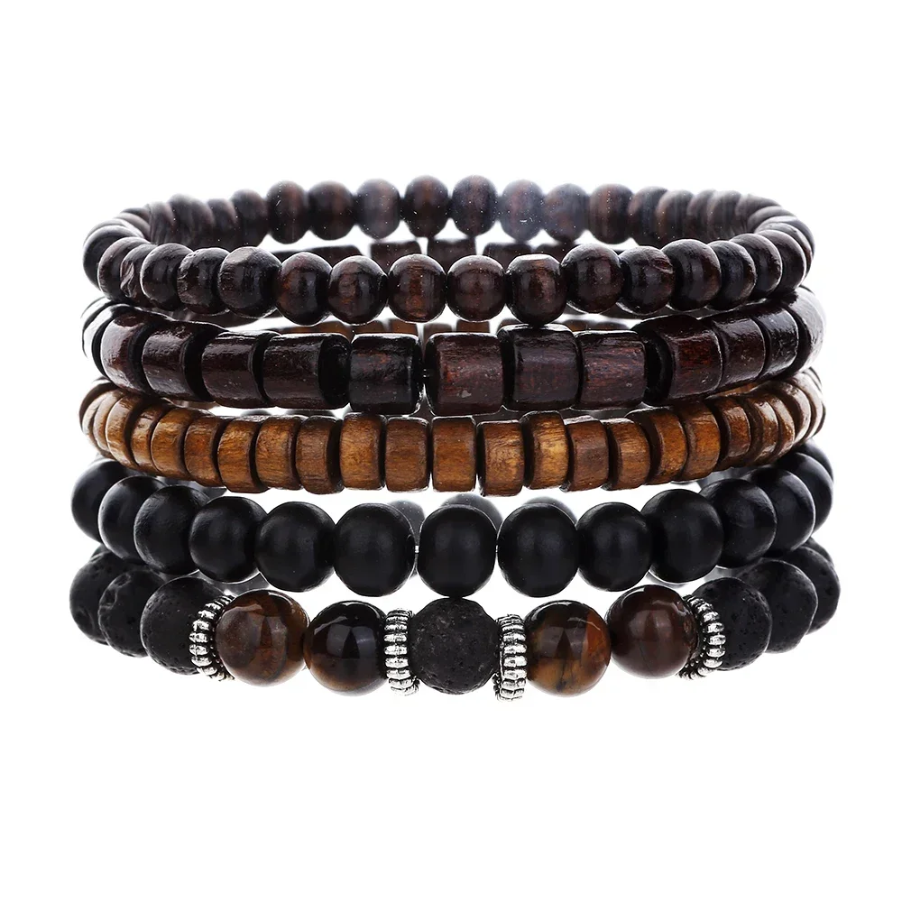 Best-selling Multi-layer Buddha Wood Bead Bracelets Sets Men's Retro Style Multi-layer Elastic Thread Adjustable Wooden Bracelet