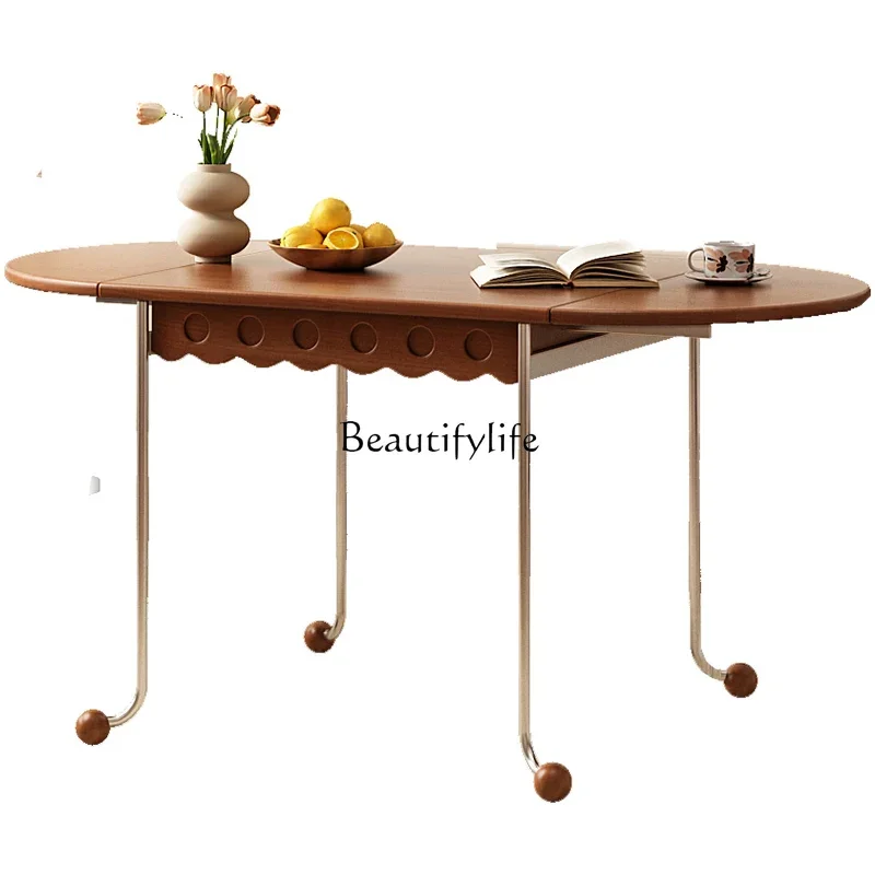 

Mid-Ancient Solid Wood Folding Dining Tables and Chairs Set Small Apartment Oval Retractable Dining Table