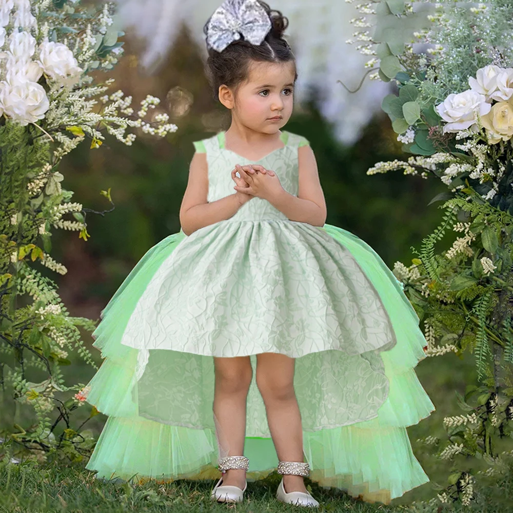

Puffy Tulle Baby Girl Dress Trailing Flower 1st Birthday Party Dresses for Girls Bow Cute Kids Wedding First Communion Prom Gown