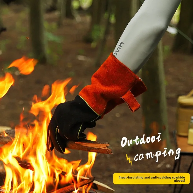 Heat Resistant Leather Gloves Anti-scald Fireproof Gloves for BBQ Welding Camping High Temperature Protective Work Gloves