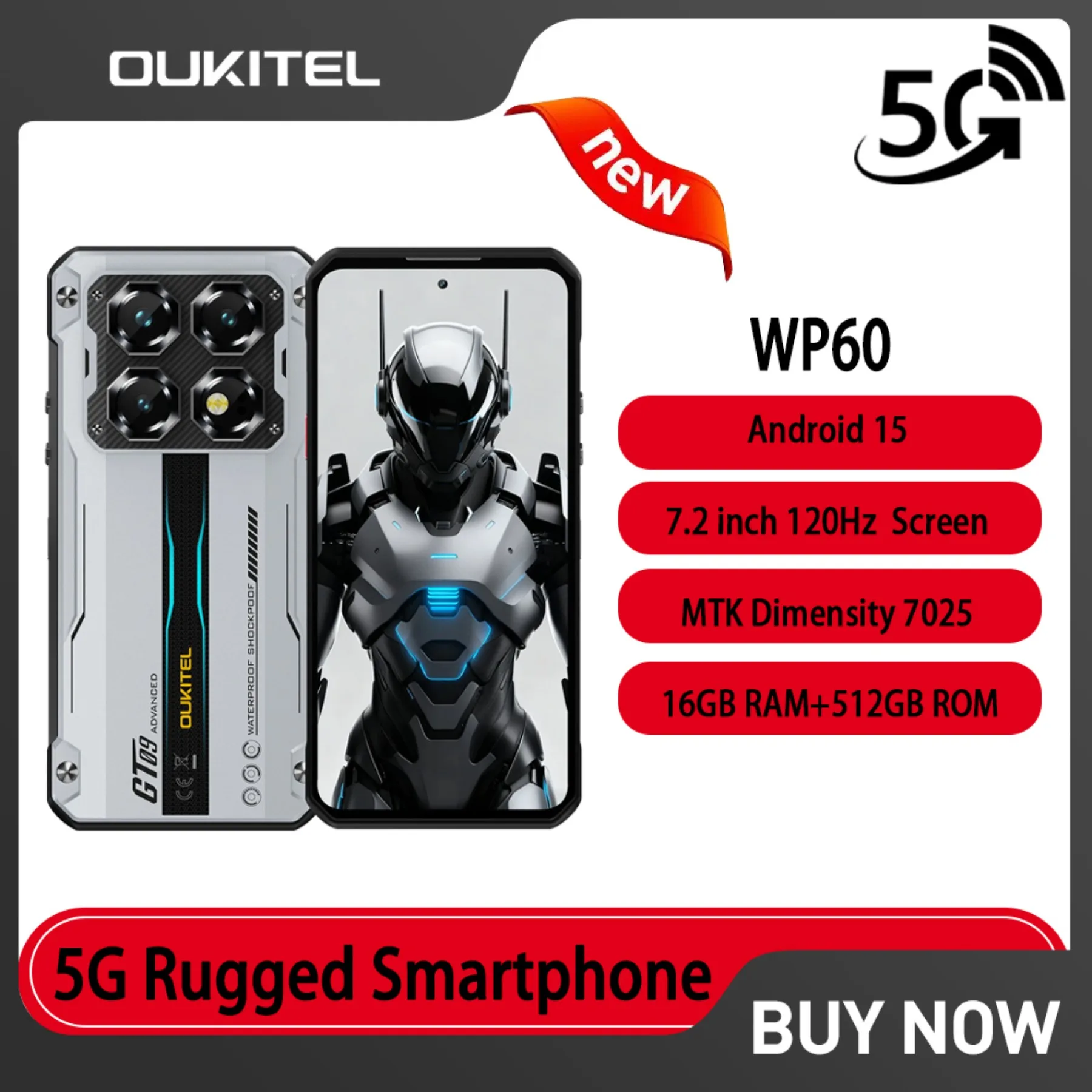 OUKITEL WP60 5G Rugged Smartphone 10000mAh Battery 7.2 Inch HD+ 120Hz 16GB RAM +512GB ROM 108MP Dimensity 7025 Android 15 NFC