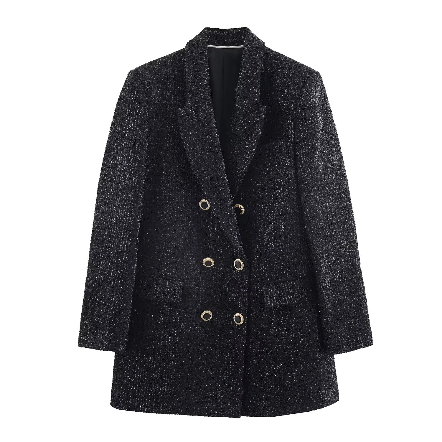 

Winter new women's clothing small fragrance style black high-end temperament double breasted metal wire suit jacket