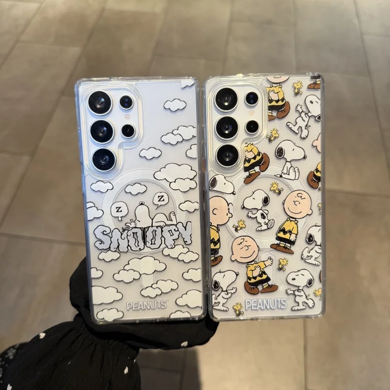 

Cute Cartoon Snoopy Charlie Magsafe Wireless Charge Phone Case For Samsung S22 S23 S24 S25 Ultra Plus 3D Snoopy Magnetic Holder