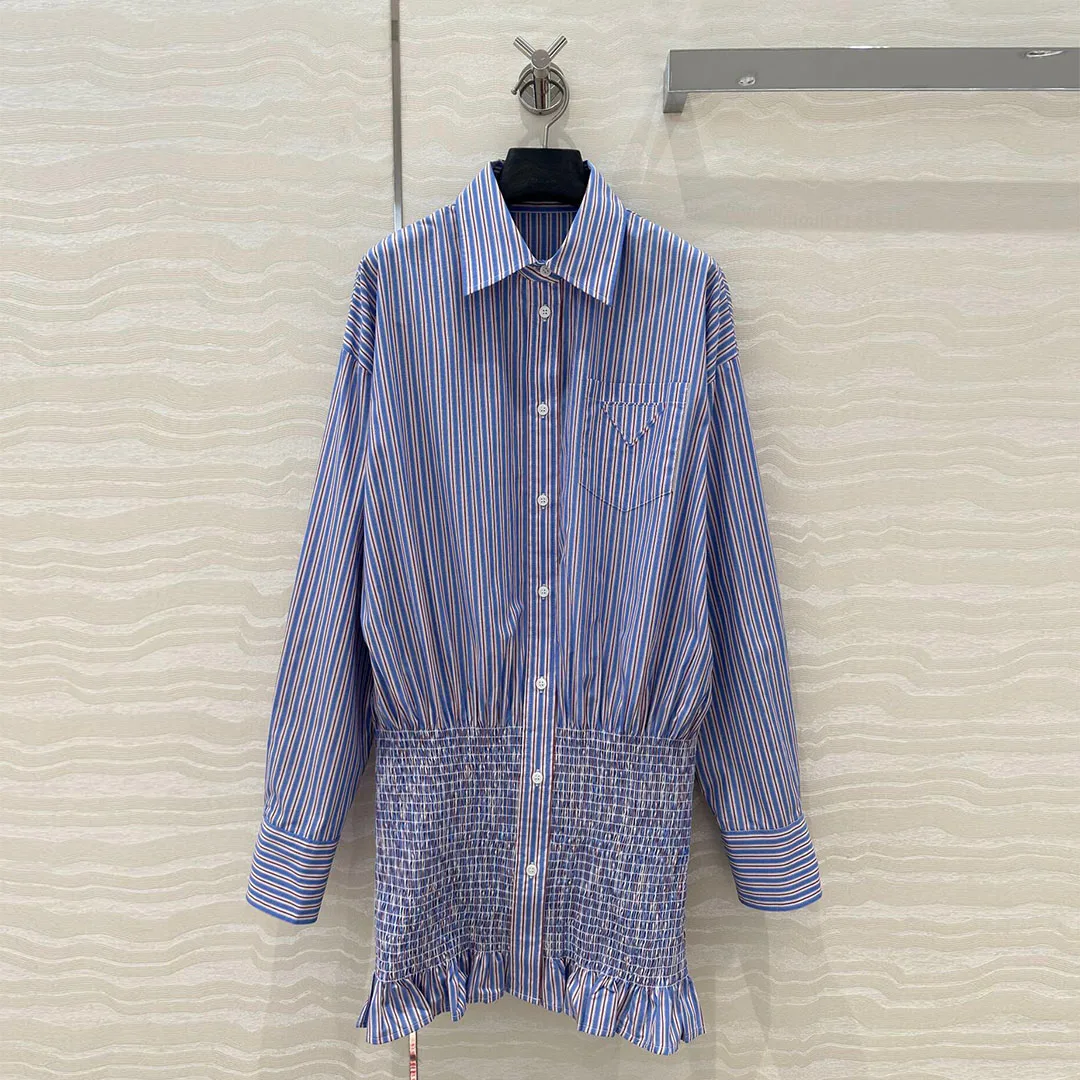 

2025 New Spring Summer Casual Dress Women Blue Stripes Pattern Sweet Lapel Long Sleeve Slim Tight Pleated Hip Hugging Dresses